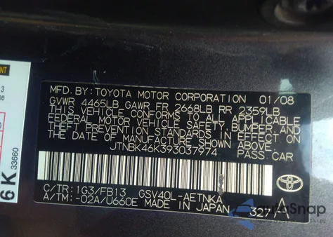 2009 Toyota Camry Le V6/Se V6/Xle V6 z USA, uszkodzony, nr VIN JTNBK46K393037974